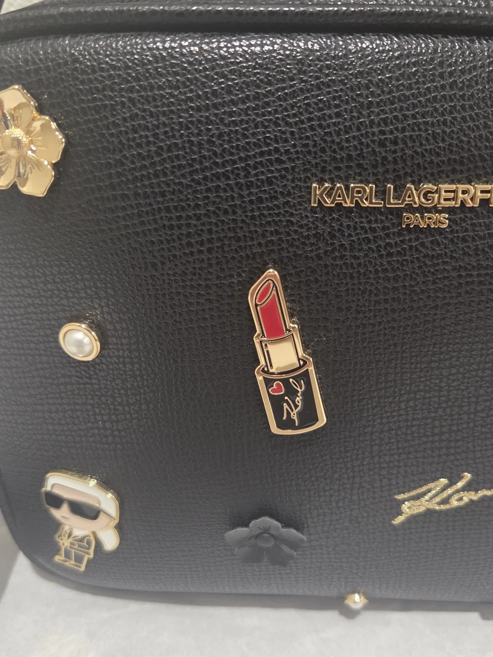 Karl Lagerfeld Black Crossbody Bag with Logo Strap Charm Pouch Pins NWT L6DEU6CJ